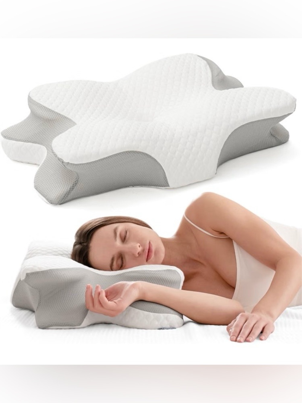 Alcedo Cervical Pillow for Cozy Sleep and Neck Pain Relief, White, Gray, SEALED
